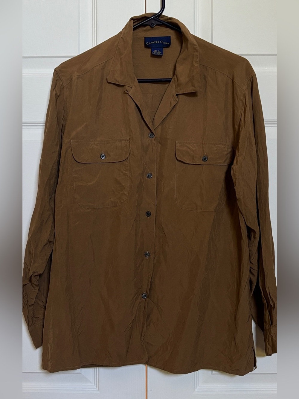 Charter Club 100% Silk Brown Button Shirt Womens L Pockets